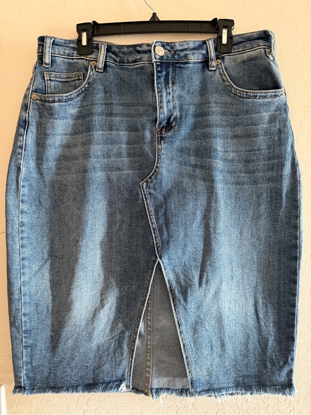 Rock & Roll Denim, 34W, high rise denim skirt with front slit and raw hem